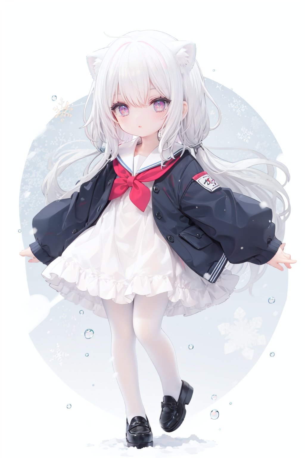 cute,Infant,solo blue shirt,blue sailor coat,loli,full body,white hair,snow leopard ear,white background,pink eyes,laugh,happy,white pantihose,white pantyhose,red armband,