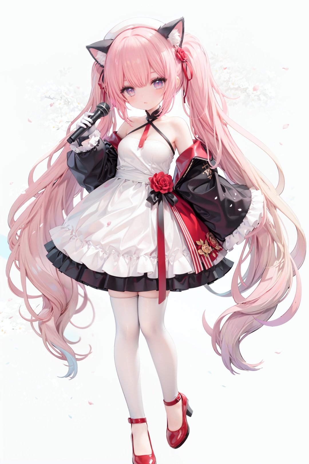 masterpiece, ((best quality)),  dynamic angle, chromatic aberration, ((colorful)),1girl, solo, flower, thighhighs, white thighhighs, gloves, red footwear, long hair, detached sleeves, animal ears, rose, blonde hair, looking at viewer, full body, hat, high heels, petals, dress, standing, twintails, wide sleeves, holding, shoes, frills, red flower, cat ears, bangs, microphone, long sleeves, white flower, hair ornament, white gloves, zettai ryouiki, bare shoulders, pink eyes, frilled dress, small breasts, breasts, closed mouth, skirt, beret, white headwear, very long hair, red eyes, red rose, white dress, blush, ribbon, black gloves, animal ear fluff, hair flower, pink flower