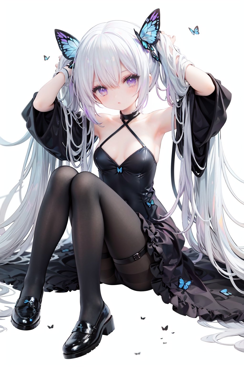 masterpiece, ((best quality)),  dynamic angle, chromatic aberration, ((colorful)),1girl, long hair, solo, very long hair, butterfly, pantyhose, bug, thigh strap, black dress, dress, looking at viewer, white hair, black footwear, blue butterfly, blue eyes, long sleeves, breasts, twintails, detached sleeves, absurdly long hair, bangs, full body, hair ornament, wide sleeves, brown pantyhose, blush, sitting, white background, butterfly hair ornament, small breasts, closed mouth, shoes, purple eyes, black pantyhose, hair between eyes, arms up, covered navel