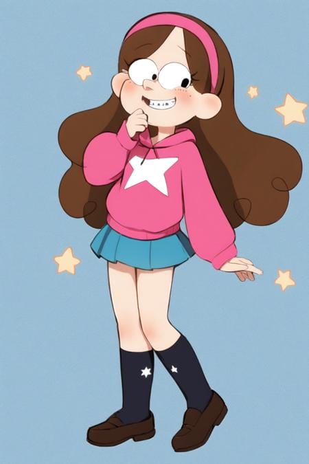 <lora:MabelPinesV0.2:1> mabelpines, 1girl, long hair, brown hair, hairband, dot eyes, smile, braces, sweter, star print, skirt, socks, simple background