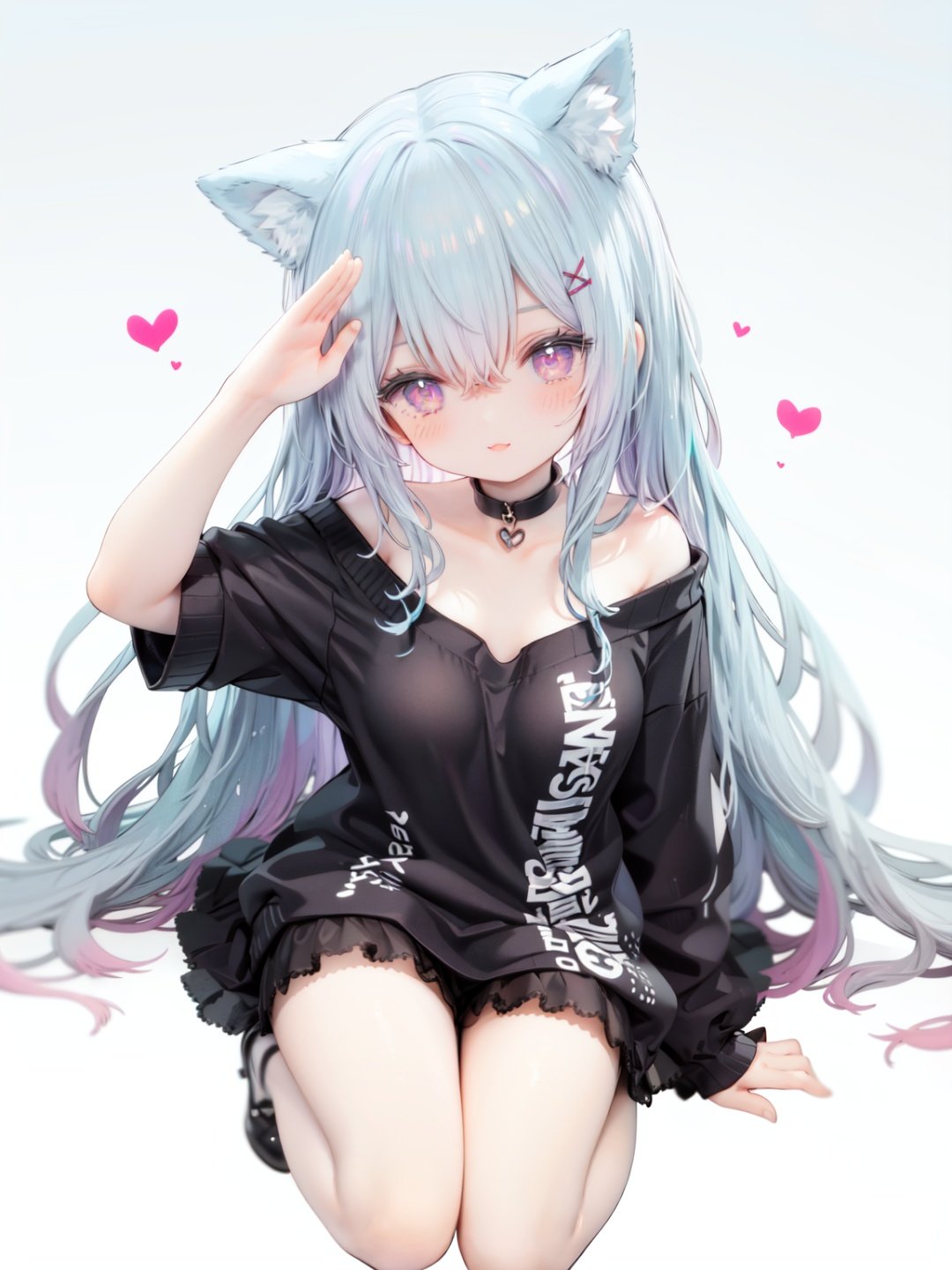 petite, loli, solo, animal ears, heart, puffy short sleeves, blue hair, long hair, off shoulder, bangs, hair ornament, gradient background,rainbow gradient, x hair ornament, animal ear fluff, looking at viewer, very long hair, blush, smile, cat ears, bare shoulders, collarbone, hand up, gradient sweater, hair between eyes, symbol-shaped pupils, arm up, heart-shaped pupils, hairclip, medium breasts, salute, bare legs,full body