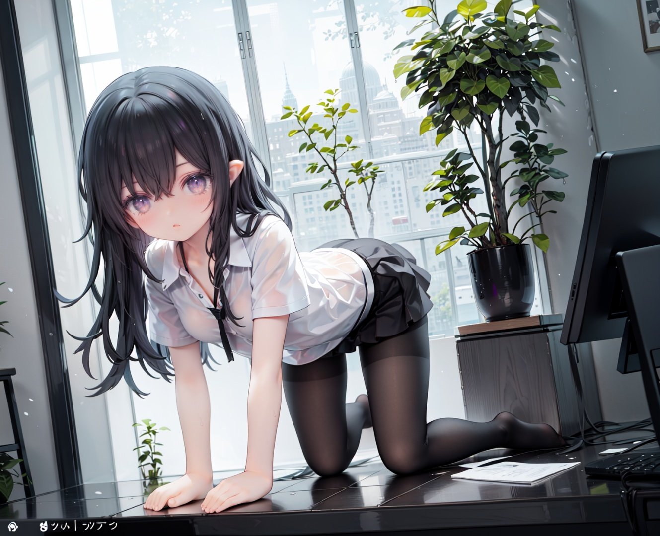 masterpiece, ((best quality)), (ultra-detailed), (illustration), an extremely delicate and beautiful, dynamic angle, chromatic aberration,((Medium shot)), ((colorful)),1girl, pantyhose, black hair, pointy ears, long hair, solo, skirt, shirt, all fours, purple eyes, white shirt, looking at viewer, black pantyhose, black skirt, short sleeves, no shoes, underwear, panties, tentacles, bangs, thighband pantyhose, indoors, blush, panties under pantyhose, full body, tree, hair between eyes, wet