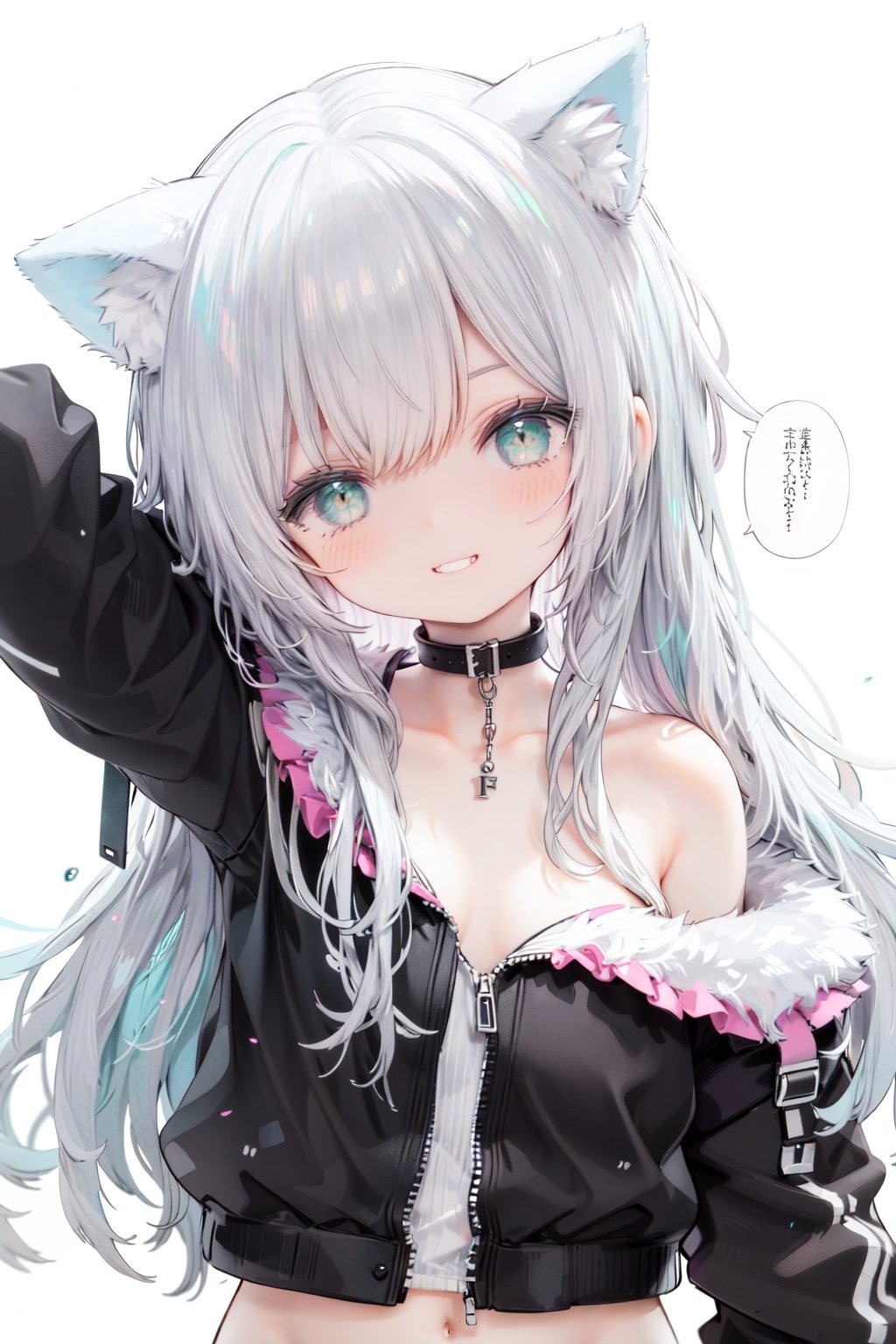 1girl,  solo,  green eyes,  smile,  long hair,  cat ears,  looking at viewer,  animal ears,  white background,  simple background,  bangs,  silver hair,  upper body,  speech bubble,  jacket,  black jacket,  head tilt,  bare shoulders,  eyebrows visible through hair,  off shoulder,  half-closed eyes,  grin,  arm up,  collarbonereflection light