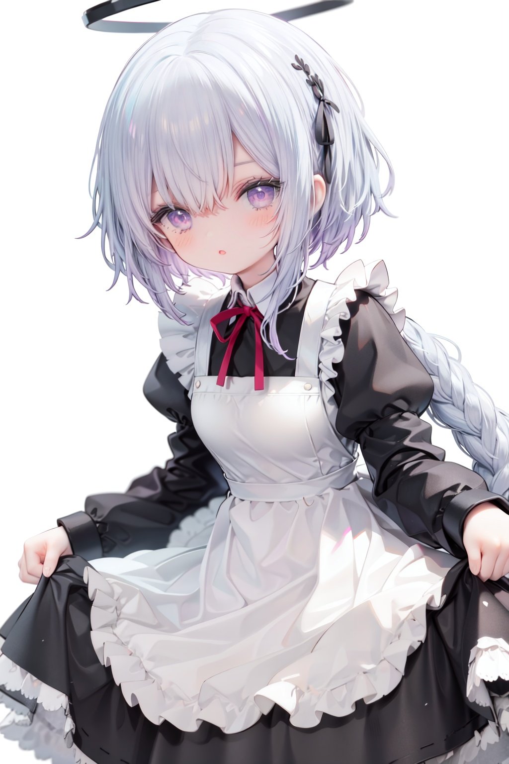 1girl,  solo,  apron,  long hair,  hair over one eye,  white background,  frills,  braid,  halo,  long sleeves,  dress,  simple background,  white hair,  white apron,  puffy sleeves,  very long hair,  frilled apron,  maid,  purple eyes,  ribbon,  parted lips,  maid apron,  bangs,  juliet sleeves,  black dress,  neck ribbon,  looking at viewer,  single braid,  blush