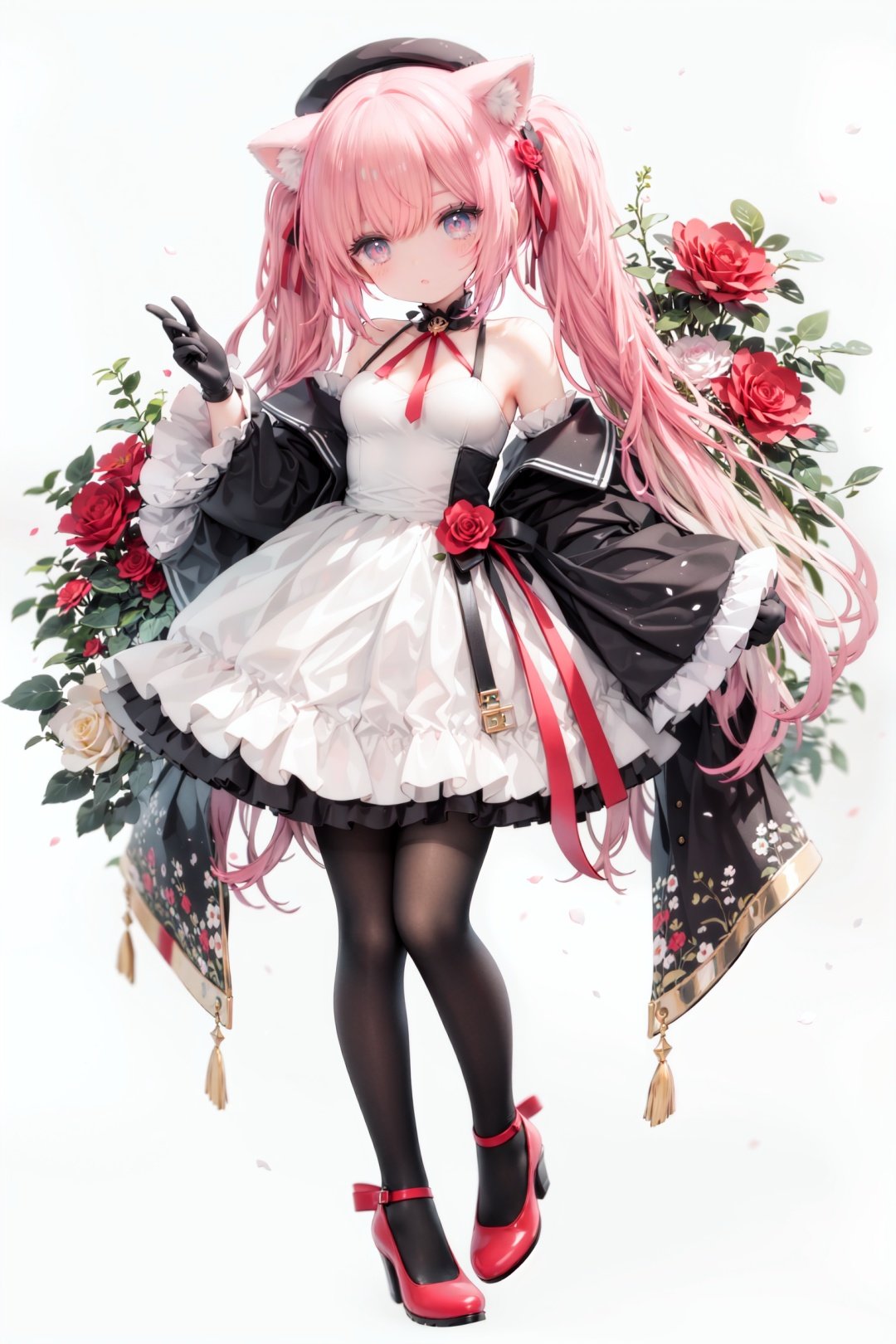 masterpiece, ((best quality)),  dynamic angle, chromatic aberration, ((colorful)),1girl, solo, flower, thighhighs, white thighhighs, gloves, red footwear, long hair, detached sleeves, animal ears, rose, blonde hair, looking at viewer, full body, hat, high heels, petals, dress, standing, twintails, wide sleeves, holding, shoes, frills, red flower, cat ears, bangs, microphone, long sleeves, white flower, hair ornament, white gloves, zettai ryouiki, bare shoulders, pink eyes, frilled dress, small breasts, breasts, closed mouth, skirt, beret, white headwear, very long hair, red eyes, red rose, white dress, blush, ribbon, black gloves, animal ear fluff, hair flower, pink flower