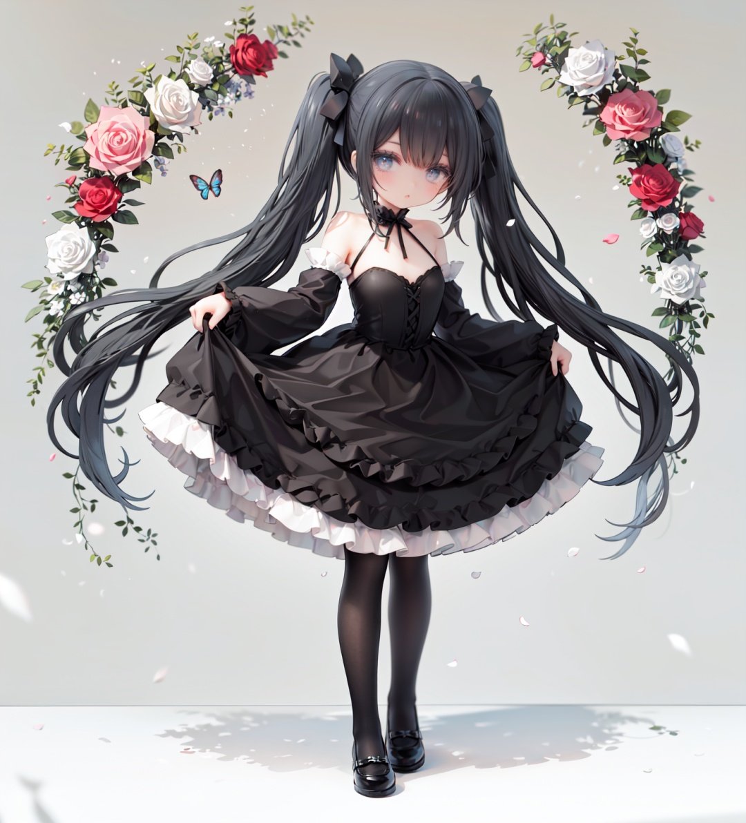 masterpiece, ((best quality)),  dynamic angle, chromatic aberration, ((colorful)),1girl, solo, black hair, long hair, dress, butterfly, bug, twintails, black footwear, lolita fashion, very long hair, pantyhose, black dress, long sleeves, bow, full body, bangs, flower, puffy sleeves, standing on one leg, shoes, white pantyhose, hair bow, looking at viewer, grey eyes, frills, standing, gothic lolita, blush, juliet sleeves, black bow, frilled dress, white flower, rose, closed mouth, skirt hold, petals, wide sleeves, mary janes, white rose