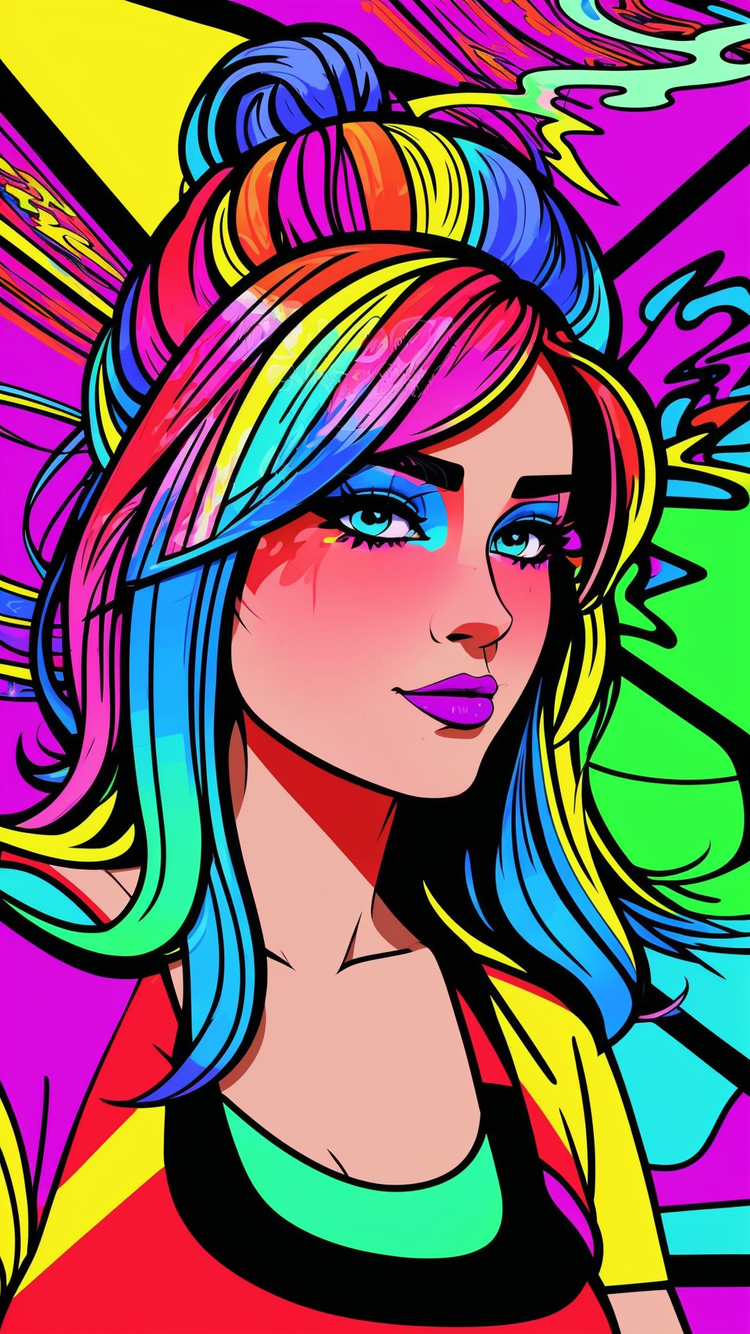 neon colors, cartoon style illustration of a woman as she sees the world while experiencing hallucinations, stoned, splash art, splashed neon colors, neon glowy smoke) motion effects, best quality, wallpaper art, UHD, centered image, ((flat colors)), (cel-shading style) very vibrant neon colors, extremely saturated image (saturation 10) ink lined art, bold lines