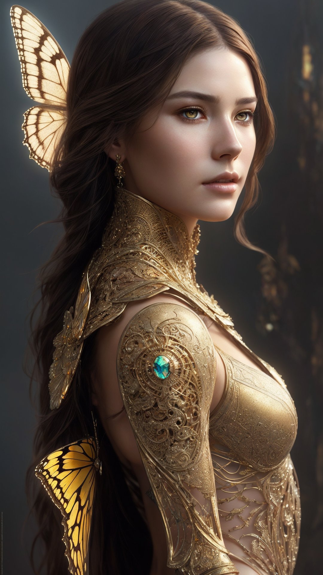 Portrait of a beautiful cyborg with 8k brown hair, intricate, elegant, highly detailed, majestic, digital photography, art by artgerm and Ruan Jia and Greg Rutkowski, surreal painting, golden butterfly filigree, broken glass, (masterpiece, side light, delicate beautiful eyes)