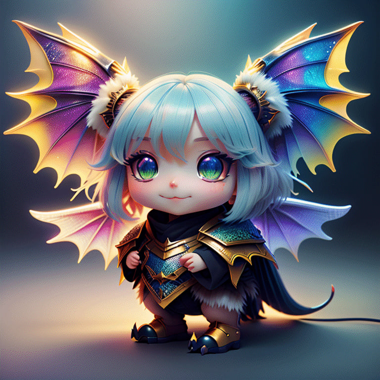 cute chibi baby dragon, cinematic background, vibrant colors, UHD, 16k, 3D rendering, detailed scales, adorable face and expression, sparkling eyes, fluffy wings, playful pose, magical atmosphere, realistic textures, professional artwork, fantasy art style, mystical lighting, captivating composition, epic fantasy scene