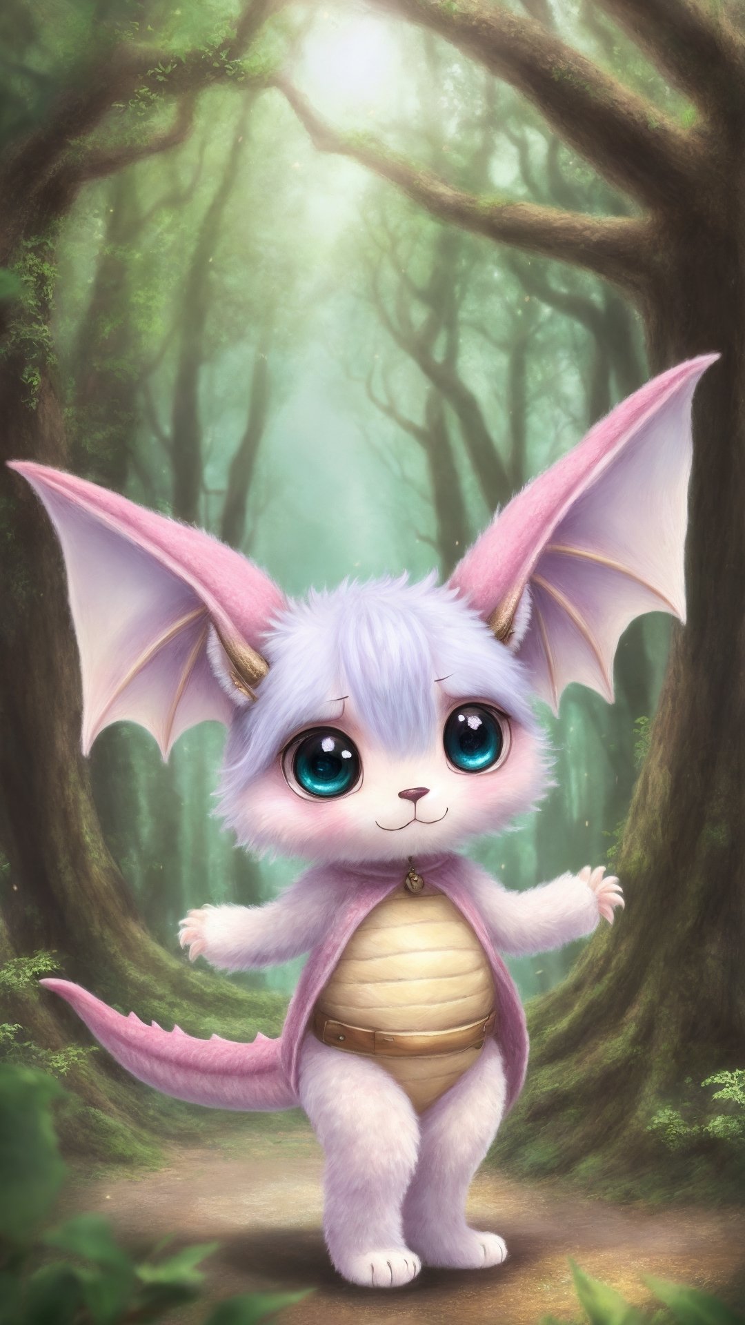 (best quality,highres:1.2),cute chibi baby dragon,soft pastels,pastel colors,adorable,fantastical creature,big round eyes,little wings,curved tail,fluffy scales,tiny horns,innocent expression,flying through fluffy clouds,in a magical forest,daytime lighting,warm sunlight,cozy atmosphere,dreamy feel.