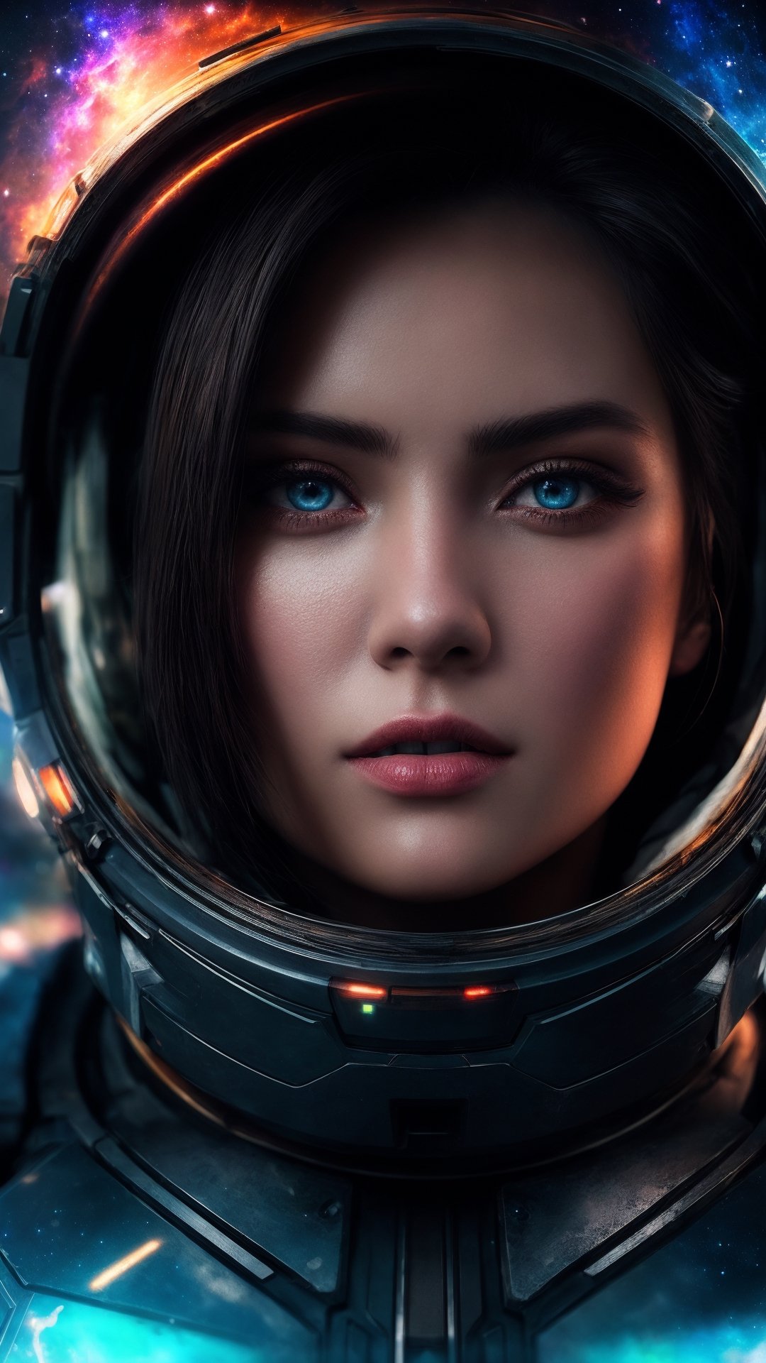 Beautiful face, sexy eyes, lighting reflection, outer space, cosmic, nebula, RGB color, cinematic, 8K, masterpiece:1.2, ultra-detailed, realistic:1.37, HDR, UHD, studio lighting, sharp focus, extreme detail description, professional, vivid colors, bokeh, portraits, landscape, horror, anime, sci-fi, photography, concept artists