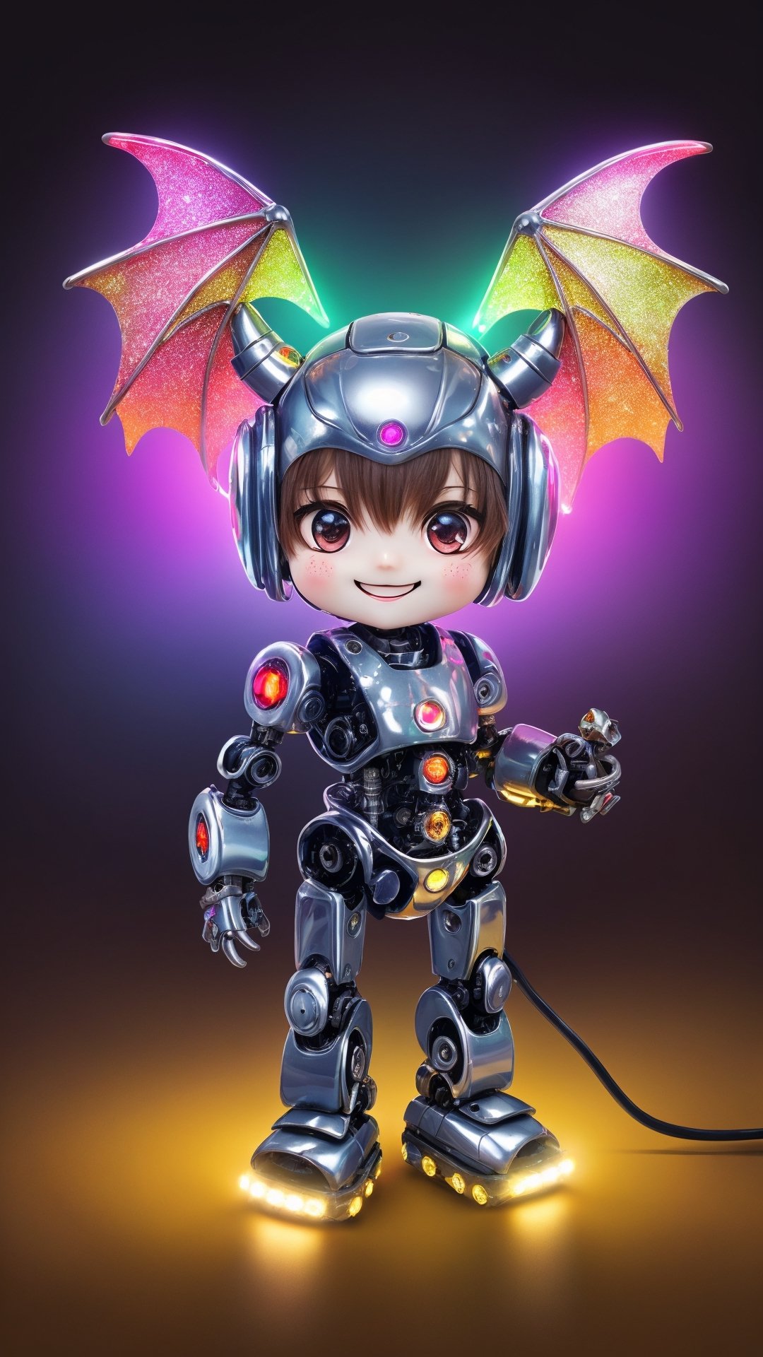 best quality,ultra-detailed,realistic,adorable cute chibi robot baby dragon,shiny metallic scales,tiny wings,playful expression,friendly smile,sparkling eyes,tiny horns,soft and fluffy body,mechanical movements,colorful LED lights,artistic illustration style,vibrant colors,warm and inviting lighting