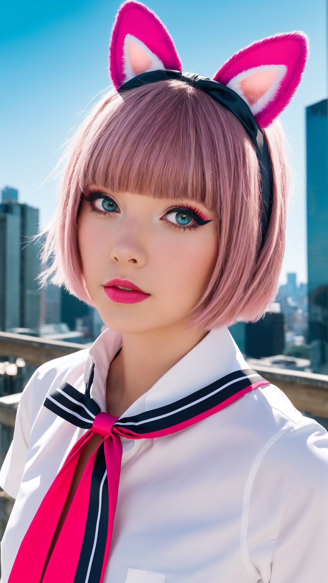 skistyle, 1girl, solo, pink hair, animal ears, blue eyes, wings, looking at viewer, bangs, short hair, bow, sailor collar, white sailor collar, hair bow, pink bow, closed mouth, shirt, white shirt, bear ears, bob cut, mini wings, portrait, detached wings, makeup, upper body, city in background