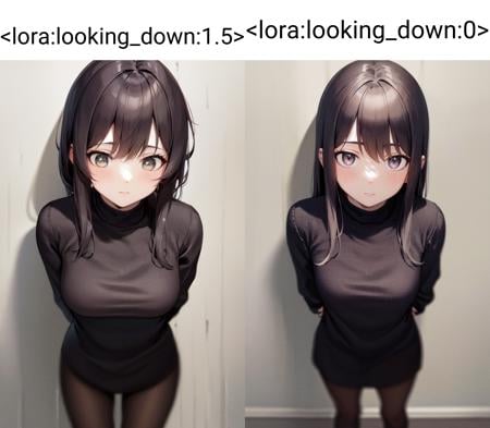 masterpiece, best quality, highres, 1girl, standing, arms behind back, against wall, looking down looking at viewer from above <lora:looking_down:1.5>