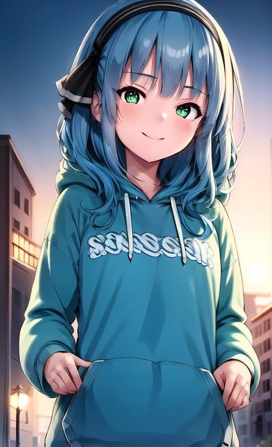 ((masterpiece)), (((best quality))), ((ultra-detailed)), ((illustration)), finely detail, extremely detailed CG unity 8k, highres, beautiful detailed eyes, finely detail, beautiful detailed eyes1girl, green eyes, solo, smile, hood, blue hair, outdoors, hairband, hoodie, black hairband, looking at viewer, bangs, upper body, long hair, closed mouth, hood down, black ribbon, drawstring, ribbon, hair ribbon, day, blush, striped, blue hoodie, long sleeves,