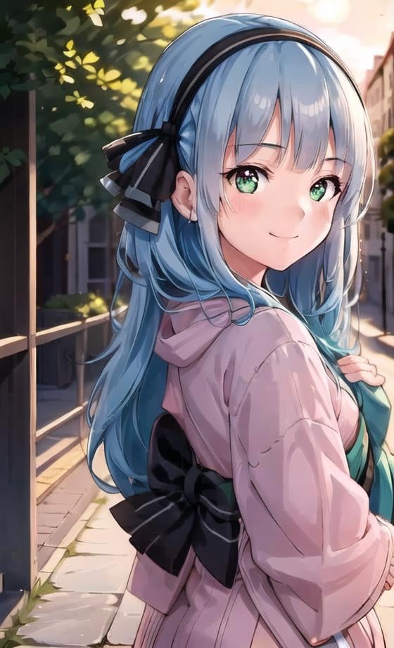 ((masterpiece)), (((best quality))), ((ultra-detailed)), ((illustration)), finely detail, extremely detailed CG unity 8k, highres, beautiful detailed eyes, finely detail, beautiful detailed eyes1girl, green eyes, solo, smile, blue hair, outdoors, hairband, black hairband, looking at viewer, bangs, upper body, long hair, closed mouth,  black ribbon, ribbon, hair ribbon, day, blush, striped, (pink kimono:1.5), frilled kimono, smirk, expressive clothes, lace-trimmed kimono,ribbon-trimmed clothes, 