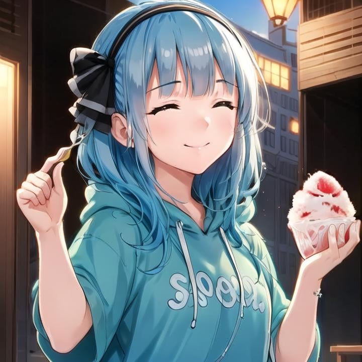 extremely detailed CG unity 8k wallpaper, realistic, hand by Guido Daniele1girl, pink hair, konpaku youmu, green eyes, food, closed eyes, hairband, shaved ice, holding, smile, hood, hoodie, long hair, grey hair, short sleeves, black hairband, alternate costume, clothes writing, contemporary, bangs, holding food, blue hair, closed mouth, hair ribbon, ^_^, eating, hood down, outdoors, ribbon, holding spoon, medium hair