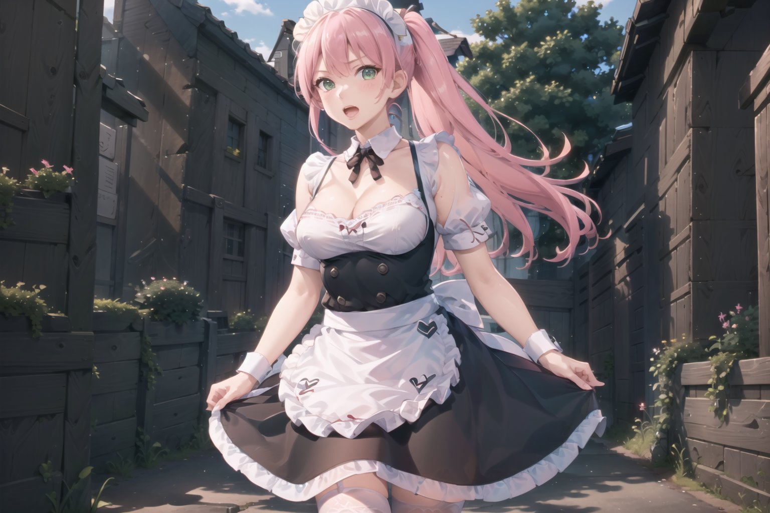 extremely detailed CG unity 8k wallpaper, realistic, hand by Guido Daniele,green eyes, pink hair, false smile,1girl, solo, maid headdress, maid, blush, apron,  white thighhighs, looking at viewer, dress, detached sleeves, bangs, collarbone, waist apron, maid apron, open mouth, frills, bare shoulders, wrist cuffs,  short sleeves, puffy sleeves, blue dress, standing,closed mouth, outdoors, petticoat,  pink hair, maid apron, Maid outfit,ponytail, nasty expression,looking at viewer, <lyco:GoodHands-beta2:1.0>, nice hands, perfect hands,