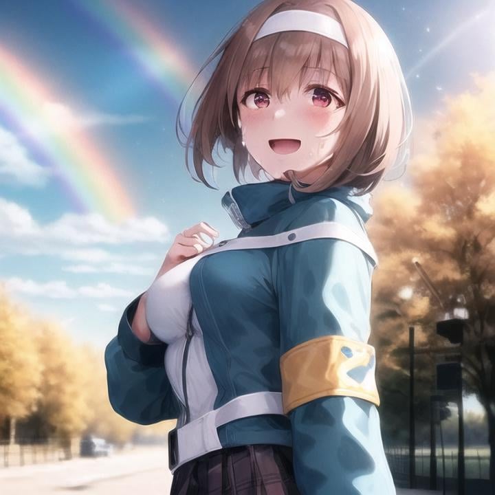 1girl, skirt, outdoors, jacket, solo, smile, pleated skirt, long sleeves, looking at viewer, open mouth, hairband, bangs, red eyes, short hair, tree, hair ornament, day, breasts, belt, black skirt, blue jacket, building, brown hair, miniskirt, zipper, sky, white hairband, headset, :d, medium breasts, hand up, standing, cowboy shot, blue sky, hair between eyes, rainbow,heavy breathing, blush, torogao,  sweat, pant, speed lines, spit out water vapor, flying sweatdrops, sweating profusely, 