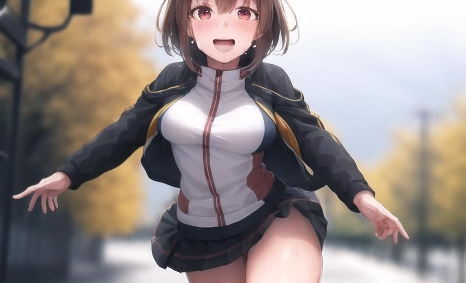 1girl, solo, skirt, red eyes, jacket, hairband, breasts, looking at viewer, brown hair, outdoors, open mouth, smile, black skirt, long sleeves, bangs, socks, pleated skirt, blush, short hair, large breasts, blurry, white hairband, blurry background, track jacket, leaning forward, blue jacket, hair ornament, kneehighs, two-tone jacket, multicolored jacket, miniskirt, armband, multicolored clothes, hair intakes, panting, sweating, dripping sweat