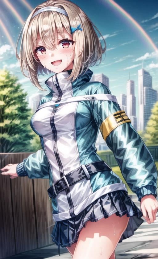 1girl, skirt, outdoors, jacket, solo, smile, pleated skirt, long sleeves, looking at viewer, open mouth, hairband, bangs, red eyes, short hair, tree, hair ornament, day, breasts, belt, black skirt, blue jacket, building, brown hair, miniskirt, zipper, sky, white hairband, headset, :d, medium breasts, hand up, standing, cowboy shot, blue sky, hair between eyes, rainbow,heavy breathing, blush, torogao,  sweat, pant, speed lines, spit out water vapor, flying sweatdrops, sweating profusely, <lora:add_detail:1.5>, nice hands, perfect hands