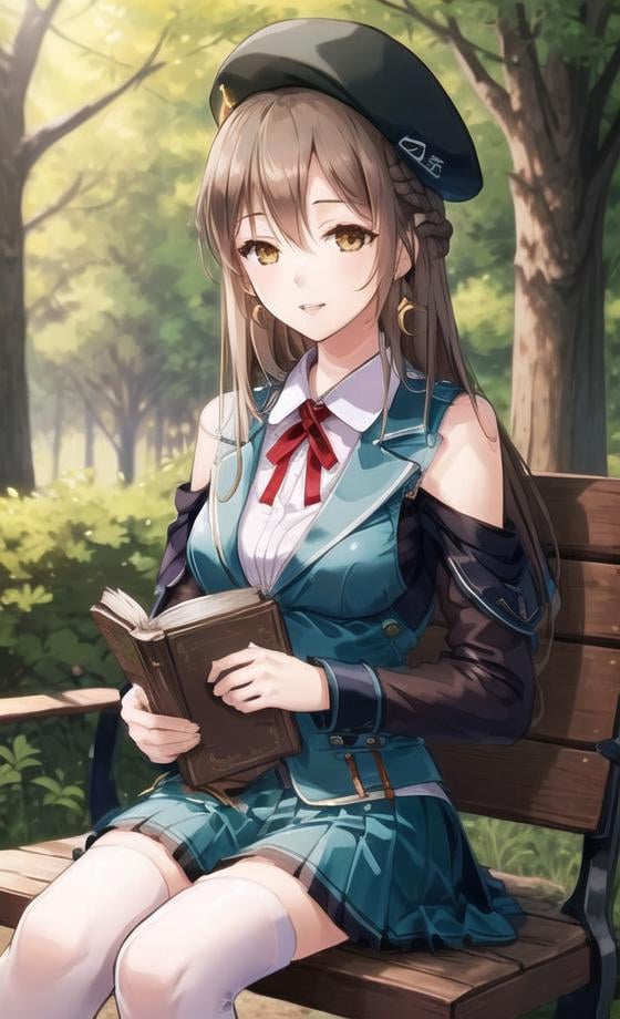 extremely detailed CG unity 8k wallpaper, realistic, hand by Guido Danielehat, thighhighs, 1girls, brown hair, sitting, bench, outdoors, shirt, blue skirt, book, braid, parted lips, white shirt, ribbon, grass, pleated skirt, long hair, looking at viewer, breasts, red ribbon, beret, day, blue headwear, bangs, jacket, long sleeves, bare shoulders, closed eyes, neck ribbon, brown eyes, blonde hair, medium breasts, detached sleeves, sleeping, yellow eyes, holding, earrings, vest, jewelry, holding book, hair between eyes, crescent, park bench, miniskirt, green headwear,smile, 