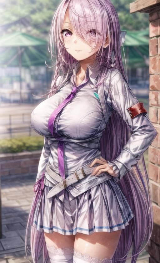 1girl, solo, thighhighs, long hair, skirt, necktie, very long hair, full body, hand on hip, breasts,  purple eyes, pleated skirt, shirt, standing, braid,  white thighhighs, large breasts, purple necktie, armband, shoes, looking at viewer, white skirt, purple hair, belt, zettai ryouiki, long sleeves, hair over one eye, white shirt, bangs, lace-trimmed legwear, ribbon, closed mouth, collared shirt, lace, miniskirt, eyes visible through hair, hair ribbon, lace trim, school uniform, purple ribbon,ruins, <lora:add_detail:2>