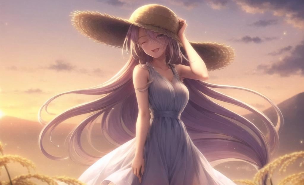 ((masterpiece)), (((best quality))), ((ultra-detailed)), ((illustration)), finely detail, extremely detailed CG unity 8k, highres, beautiful detailed eyes, finely detail, beautiful detailed eyes1girl, long hair, dress, hat, solo, closed eyes, low-tied long hair, purple hair, outdoors, open mouth, white dress, smile, straw hat, breasts, sky, very long hair, sleeveless, cloud, sundress, hand on headwear, sleeveless dress, sunset, :d, standing, wind, ear of rice, backlight