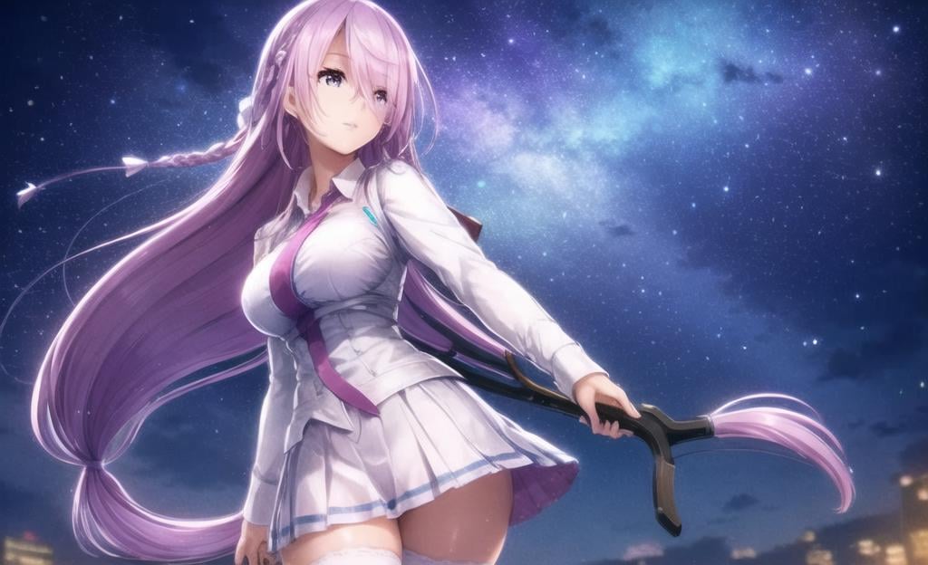 ((masterpiece)), (((best quality))), ((ultra-detailed)), ((illustration)), finely detail, extremely detailed CG unity 8k, highres, beautiful detailed eyes, finely detail, beautiful detailed eyes1girl, solo, long hair, skirt, star (sky), very long hair, pleated skirt, starry sky, long sleeves, weapon, sky, floating hair, ribbon, miniskirt, holding, bangs, hair ribbon, shirt, night, shiny, thighhighs, white skirt, holding weapon, standing, braid, purple eyes, shiny hair, white shirt, outdoors, blurry, bow (weapon), night sky, looking back, parted lips, from behind, cowboy shot, white thighhighs, grey skirt, zettai ryouiki, hair between eyes, pink hair <lora:lightAndShadow_v10:0.7>