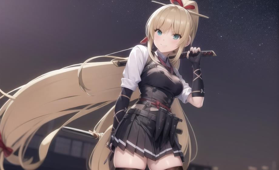 1girl, weapon, solo, thighhighs, fishnets, long hair, blonde hair, sky, night, holding, gloves, holding weapon, sword, fingerless gloves, ponytail, night sky, black gloves, ninja, very long hair, blush, starry sky, star (sky), holding sword, bangs, outdoors, shirt, short sleeves, green eyes, fishnet thighhighs, white shirt, one knee, bow, breasts, ribbon, hair bow, sheath, katana, hair ribbon, black thighhighs, armor, looking away, sidelocks, red ribbon, elbow gloves, short sword, black footwear, v-shaped eyebrows, shoes, kunai, medium breasts, ((masterpiece)), (((best quality))), ((ultra-detailed)), ((illustration)), finely detail, extremely detailed CG unity 8k, highres, beautiful detailed eyes, finely detail, beautiful detailed eyes