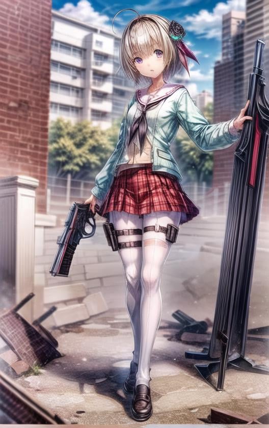 masterpiece,best quality, ultra-detailed, illustration, finely detail, extremely detailed CG unity 8k, highres,  beautiful detailed eyes, ((ruins)),1girl, solo, skirt, pantyhose, short hair, plaid skirt, plaid, purple eyes, full body, shoes, school uniform, ahoge, holster, hair ornament, looking at viewer, thigh holster, standing, thigh strap, loafers, pleated skirt,   white pantyhose, neckerchief, serafuku, red skirt, long sleeves, sailor collar, grey hair,right hand,holding a gun,move forward,action,barrel,pistol,grip,posture,lift <lora:add_detail:1.8>