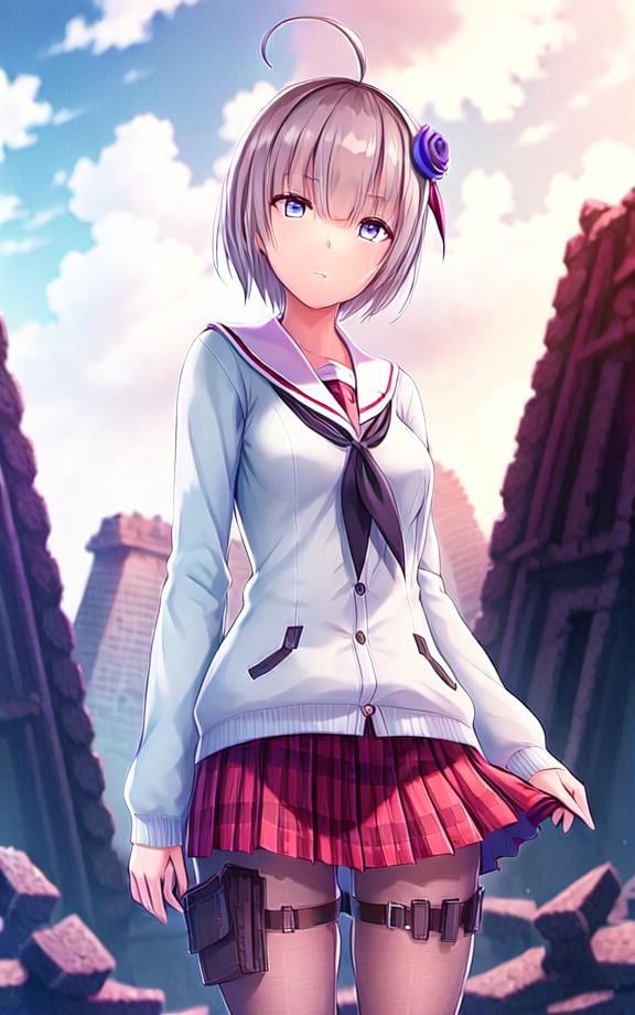 ((masterpiece)),(((best quality))), ((ultra-detailed)), ((illustration)), finely detail, extremely detailed CG unity 8k, highres, {beautiful detailed eyes}, finely detail,  beautiful detailed eyes, ((ruins)),1girl, solo, skirt, pantyhose, short hair, plaid skirt, plaid, purple eyes, full body, shoes, Powder blue school uniform, ahoge, gun holster, purple rose hair accessory, looking at viewer, thigh holster, standing, thigh strap, loafers, pleated skirt,   white pantyhose, neckerchief, serafuku, red skirt, long sleeves, sailor collar, grey hair,