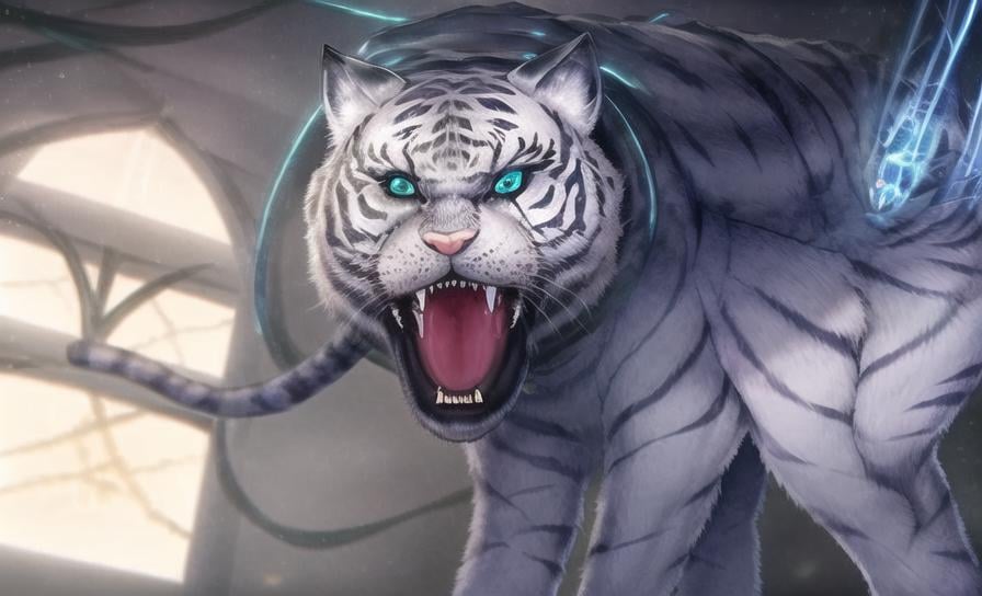 glowing, fangs, open mouth, tiger, no humans, glowing eyes, looking at viewer, blue eyes, white fur, teeth, furry, animal, solo, ((masterpiece)), (((best quality))), ((ultra-detailed)), ((illustration)), finely detail, extremely detailed CG unity 8k, highres, beautiful detailed eyes, finely detail, beautiful detailed eyes, There are scars on the face,