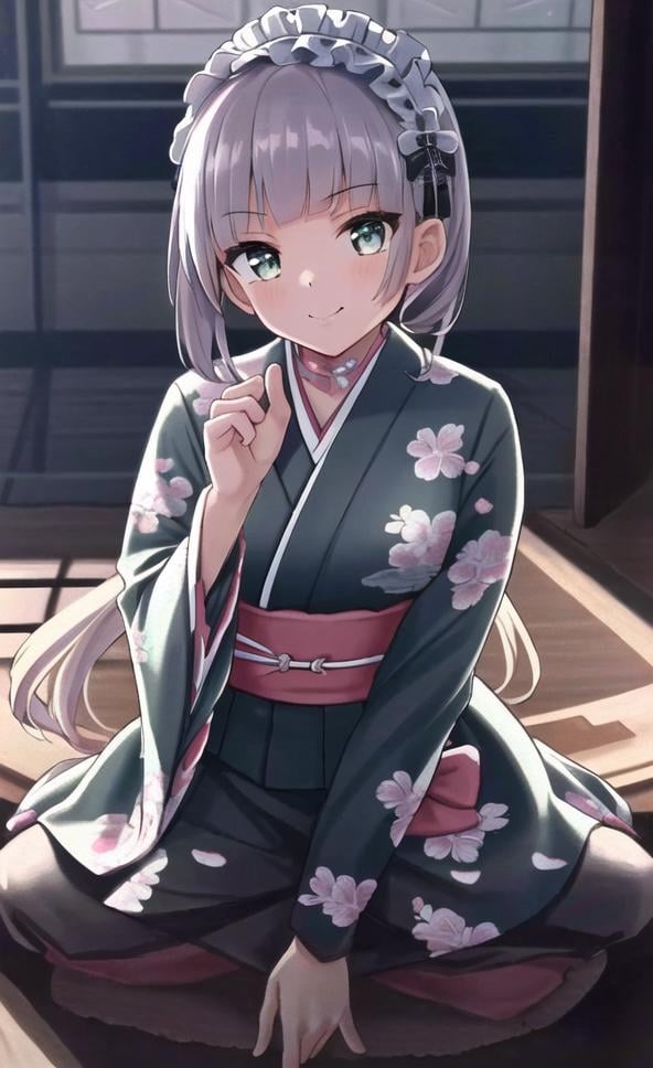 ((masterpiece)),(((best quality))), ((ultra-detailed)), ((illustration)), masterpiece, best quality, highres, beautiful detailed eyes, finely detail,  beautiful detailed eyes,seductive smile,1girl, (solo:1.5), (hair ribbon:0.4), (( print kimono,  lace-trimmed kimono)) ,shrine, depth of field, Japanese style headgear,maid hair tie