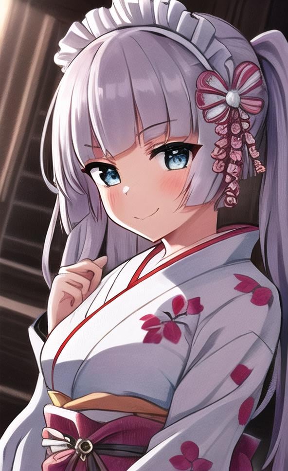 ((masterpiece)),(((best quality))), ((ultra-detailed)), ((illustration)), masterpiece, best quality, highres, {beautiful detailed eyes}, finely detail,  beautiful detailed eyes,seductive smile,1girl, (solo:1.5), (hair ribbon:0.4), (( print kimono,  lace-trimmed kimono)) ,shrine, depth of field, Japanese style headgear,maid hair tie