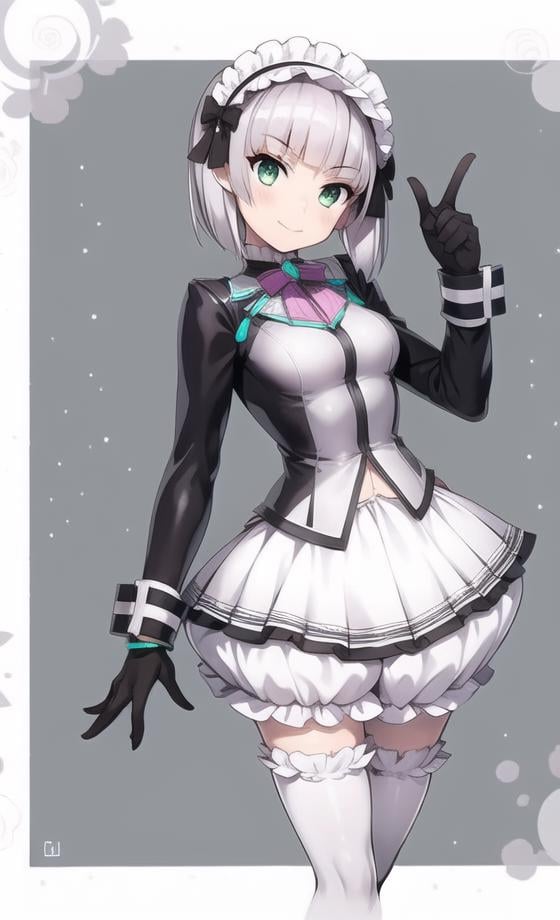 1girl, solo, green eyes, gloves, smile, black gloves, bloomers, looking at viewer, underwear, bangs, maid headdress, White Lace Shirt, long sleeves, head tilt, jacket, blunt bangs, mecha musume, short hair, breasts, closed mouth, white stockings,warship as background, ((masterpiece)), (((best quality))), ((ultra-detailed)), ((illustration)), finely detail, extremely detailed CG unity 8k, highres, beautiful detailed eyes, finely detail, beautiful detailed eyes