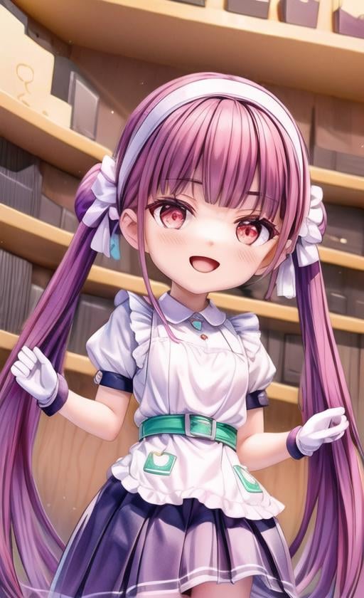 ((best quality)), ((masterpiece)), (detailed), masterpiece, best quality, ultra-detailed, illustration, finely detail, extremely detailed CG unity 8k, highres, beautiful detailed eyes, finely detail, beautiful detailed eyes,smile, weapon shop,1girl, solo, long hair, twintails, red eyes, open mouth, purple hair, weapon, hairband, skirt, belt, gloves, apron <lora:add_detail:1>, <lora:blindbox_v1_mix:1.5> full body, chibi,