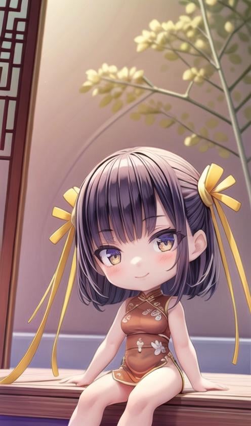 ((masterpiece)),(((best quality))), ((ultra-detailed)), ((illustration)), masterpiece, best quality, highres, {beautiful detailed eyes}, finely detail,  beautiful detailed eyes, ((chinese style architecture)), backlighting, Smile1girl, (solo:1.5), (hair ribbon:0.4), ((china dress)),   holding_big fan, sit on the bed<lora:add_detail:1> <lora:blindbox_v1_mix:1> full body, chibi,