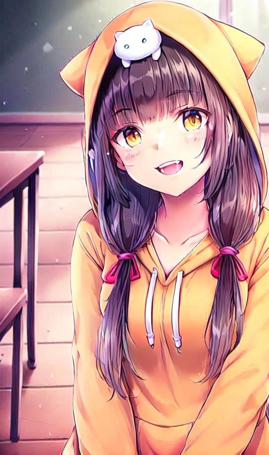 ((masterpiece)),(((best quality))), ((ultra-detailed)), ((illustration)), masterpiece, best quality, highres, {beautiful detailed eyes}, finely detail,  beautiful detailed eyes, (classroom),Smile1girl, (solo:1.5), (hair ribbon:0.4), ((pink hoodie)), cat ears,cat on head, cat hood, cat girl,sit on the chair