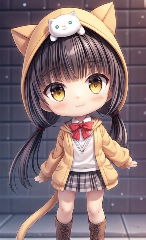 masterpiece, (best quality:1.3), Amazing, beautiful detailed eyes, 1girl, solo, finely detail,depth_of_field, extremely detailed CG unity 8k wallpaper,  (upper_body), (arms_behind_back), skirt, hood, long hair, animal hood, black hair, plaid, on head, full body, pleated skirt, animal on head, plaid skirt, cat hood, yellow eyes, school uniform, cardigan, twintails, low twintails, socks, shirt, bow, cat tail, bowtie, open clothes, hair over shoulder, white shirt, miniskirt, bangs, red bow, black socks, red bowtie, cat, hoodie, hood up, (cat on head), brown eyes, jacket, tail, cross-laced footwear, brown footwear, boots, lace-up boots,<lora:add_detail:1> <lora:blindbox_v1_mix:1> full body, chibi,