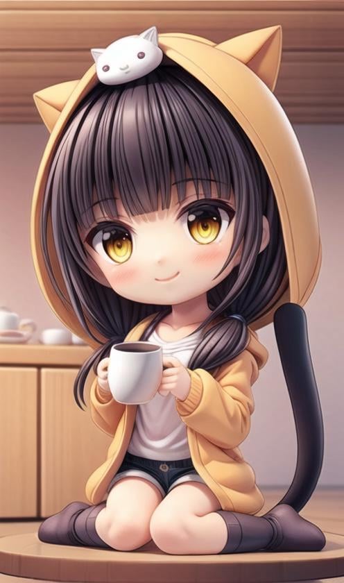 1girl, tail, cat tail, smile, cup, solo, holding, hood, socks, wooden floor, animal hood, sitting, long hair, mug, bangs, striped, animal, closed mouth, cat hood, cat, wariza, animal ears, hood up, on head, blush, long sleeves, looking at viewer, striped jacket, animal on head, cat ears, holding cup, indoors, twintails, yellow eyes, striped socks, cat girl, table, collarbone, no shoes, black hair, (cat on head), shorts, low twintails, breasts, fake animal ears, jacket, hooded jacket, coffee mug, short shorts, blunt bangs, ((masterpiece)),(((best quality))), ((ultra-detailed)), ((illustration)), masterpiece, best quality, highres, {beautiful detailed eyes}, finely detail,  beautiful detailed eyes, Smile <lora:add_detail:1> <lora:blindbox_v1_mix:1.5> full body, chibi,