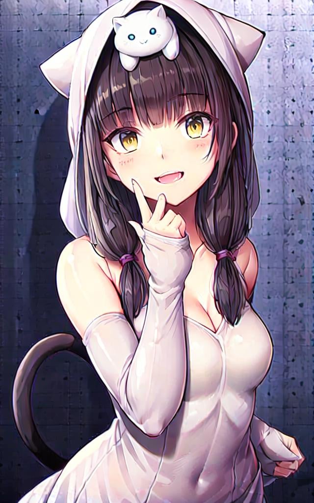 ((masterpiece)),(((best quality))), ((ultra-detailed)), ((illustration)), finely detail, extremely detailed CG unity 8k, highres, {beautiful detailed eyes}, finely detail,  beautiful detailed eyes, (dungeon background),Smile1girl, (solo:1.5), ((wedding dress,bridal veil, bridal gauntlets)), cat ears,((cat on head:1.5)), cat tail, cat hood, cat girl, standing,upper body,