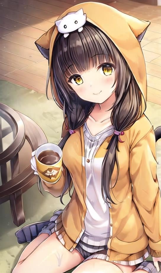 1girl, tail, cat tail, smile, cup, solo, holding, hood, socks, wooden floor, animal hood, sitting, long hair, mug, bangs, striped, animal, closed mouth, cat hood, cat, wariza, animal ears, hood up, on head, blush, long sleeves, looking at viewer, striped jacket, animal on head, cat ears, holding cup, indoors, twintails, yellow eyes, striped socks, cat girl, table, collarbone, no shoes, black hair, cat on head, shorts, low twintails, breasts, fake animal ears, jacket, hooded jacket, coffee mug, short shorts, blunt bangs, ((masterpiece)),(((best quality))), ((ultra-detailed)), ((illustration)), masterpiece, best quality, highres, {beautiful detailed eyes}, finely detail,  beautiful detailed eyes, Smile