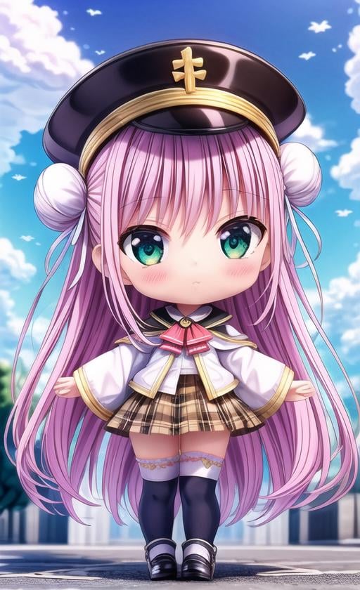 ((best quality)), ((masterpiece)), (detailed), masterpiece, best quality, highres, finely detail,  beautiful detailed eyes, petite, white_thighhighs, plaid skirt, uwabaki, Isekai cityscape,1girl, solo,  hair ribbon, navy cap, green eyes,church,black skirt dress, flower pattern in dress, street, double bun,  <lora:add_detail:1> <lora:blindbox_v1_mix:1> full body, chibi,