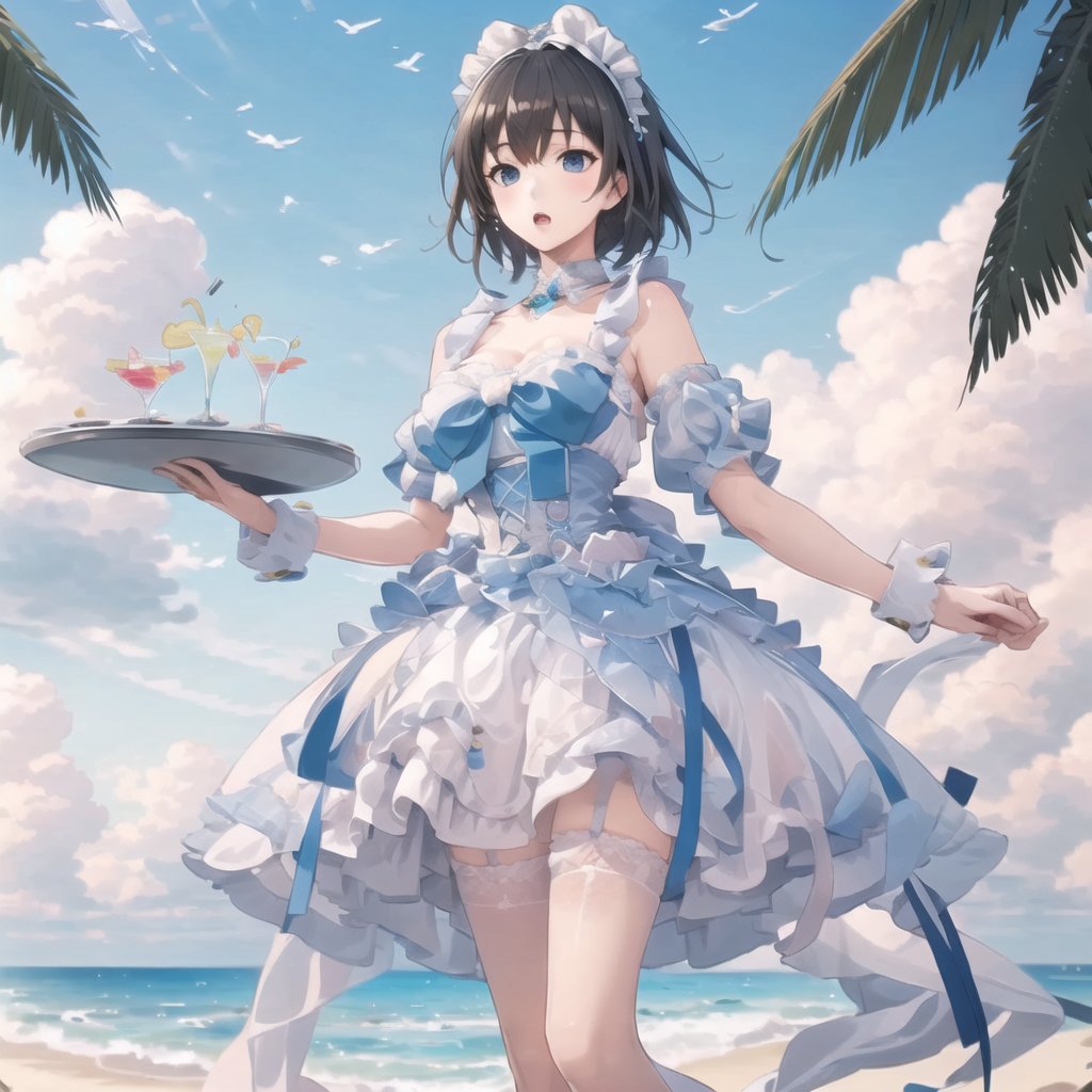 extremely detailed CG unity 8k wallpaper, realistic, hand by Guido Daniele1girl,  <lora:sweetLolita_v10:0.6>, sweet_lolita,full body, White stockings, white maid hair accessories, hand drags a plate with a cocktail,holding tray,beach, outdoors, tray, :o,