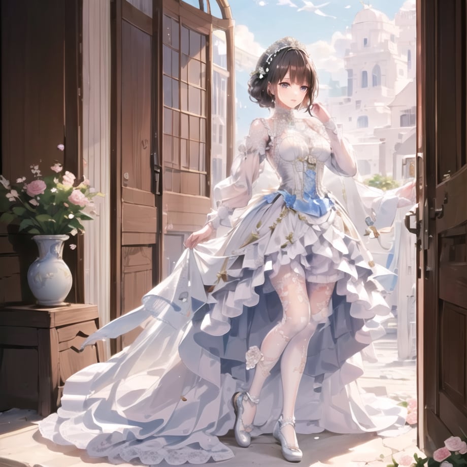 ((masterpiece)),((best quality)),(ultra-detailed),(illustration),((an extremely delicate and beautiful)),(dynamic angle), 1girl, flowers, spring, beside window, rose, detailed face, long eyelashes, flower in eye, frilled sleeves, corset, tiara, princess, brown eyes, clear sky, daylight, sunny, white and light blue dress, flowers, hair ornament, white lace-trimmed legwear, (lo classical:1.4), <lora:lo_fashions_v5:0.7> bride, classical dress, Clothes are exquisitely embroidered,