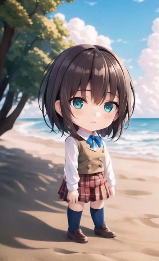 ((best quality)), ((masterpiece)), (detailed), extremely detailed CG unity 8k wallpaper, realistic, lying on the sand, fell to the ground,  <lora:blindbox_v1_mix:1> full body, chibi,1girl, skirt, brown hair, short hair, socks, kneehighs, school uniform, plaid, plaid skirt, breasts, vest, green eyes, solo, standing, blue eyes,  black socks, bangs, long sleeves,