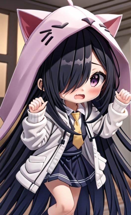 extremely detailed CG unity 8k wallpaper, realistic, laboratory,upper body,1girl, skirt, solo, pink hood,  long hair, blurry background, blurry, very long hair, shirt, hair over one eye, depth of field, pleated skirt, white jacket, collared shirt, jacket, claw pose, long sleeves, hood up, (black hair), bangs, white shirt, wavy mouth, book, hood, fang, animal hood, necktie, looking at viewer, blush, animal ears, black skirt, hooded jacket, blue skirt, open mouth, hair between eyes, purple eyes, dutch angle, fake animal ears, yellow necktie, sleeves past wrists, indoors, sweat, standing, red eyes, short and small,  cat  pose, nice hands, perfect hands, <lora:blindbox_v1_mix:1> full body, chibi,