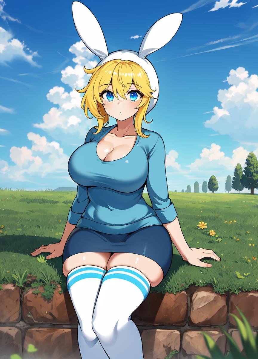 ((masterpiece)), (best quality:1.7), (detailed:1.4), (high res:1.4), 8k, (colorful:1.5), 2d, high resolution, sharped image, 4k, hd, fionna_advtime, 1girl, (((solo))), blonde hair, blue eyes, medium hair, rabbit hood, white thighhighs, large breasts, cowboy shot, hoodie, treadmill shoes, shirt, field, cleavage, grass, clouds, sky, trees, hair between eyes, white bottom, focus on character, on all frame, skirt, ((curvy body))