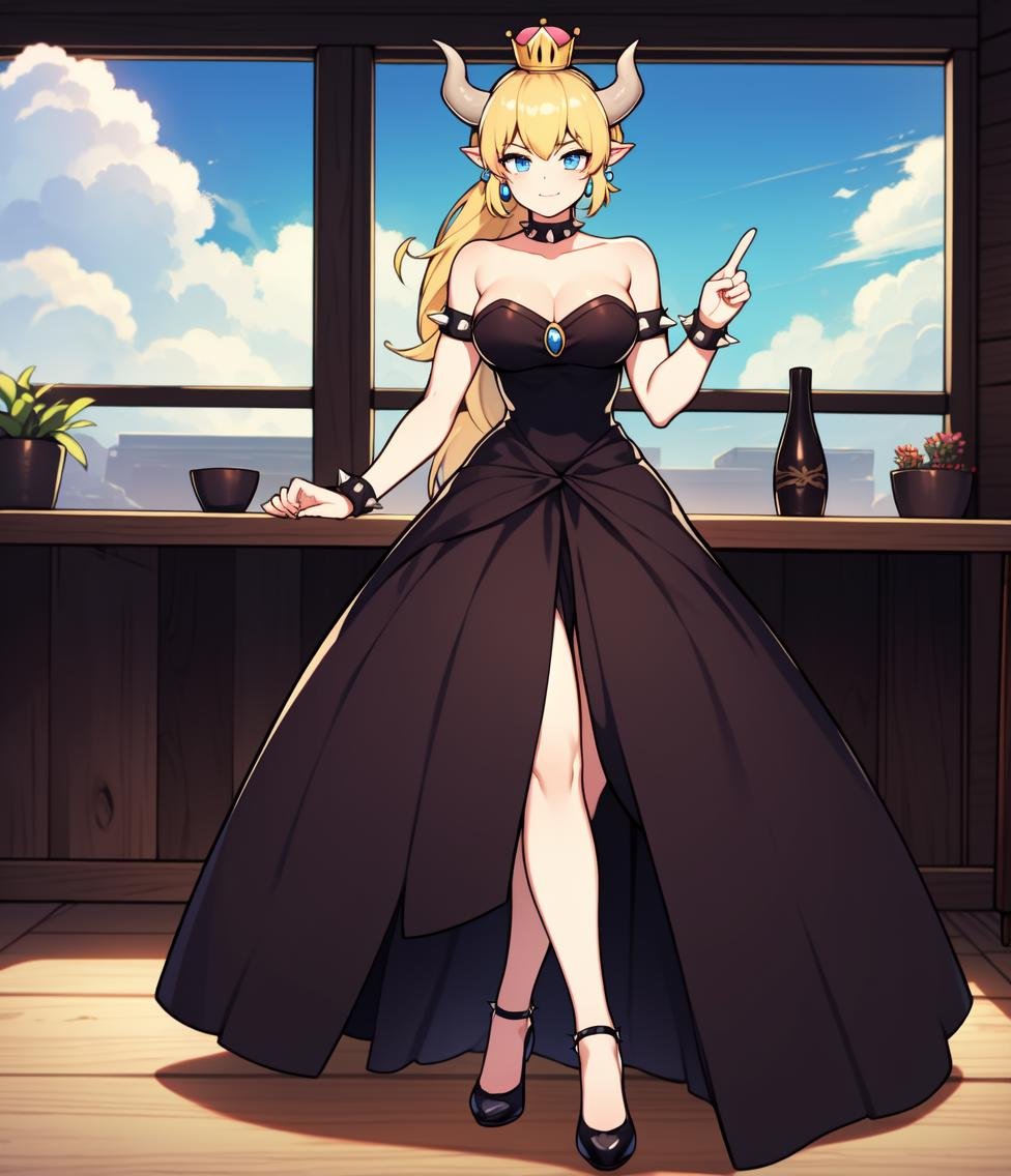 ((masterpiece)), (best quality:1.7), (detailed:1.4), (high res:1.4), 8k, (colorful:1.5), 2d, high resolution, sharped image, 4k, hd, bowsette, (1girl), (solo), blonde hair, blue eyes, spiked brazalets, spiked armlets, spidek choker, super crown, horns, ((white horns)), crown, (pink crown), ponytail, long hair, (full body), ((thighs)), hands on own face, room, window, clouds, sun, sky, clouds, earrings, blue earrings, chest ornament, ((black dress)), furniture, plants, decoration, ((town)), (fluffy dress), (curvy body), standing, long dress, smug, closed mouth, (strapless), ((peace symbol)), high heels, black high heels